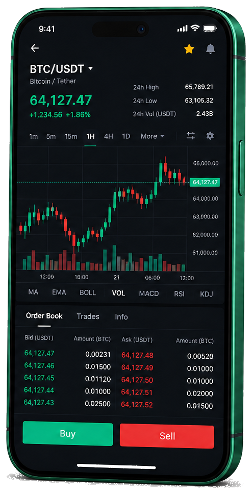 Vernata Celdorio plataforma móvil de trading: gráfico BTC/USDT en tiempo real, libro de órdenes y panel de compra/venta